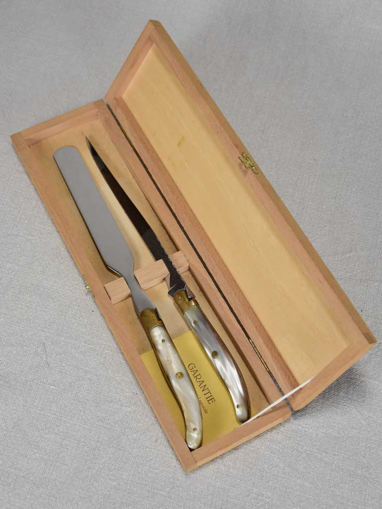 1970's Laguiole foie gras knife set by Claude Dozorme with nacrine handles