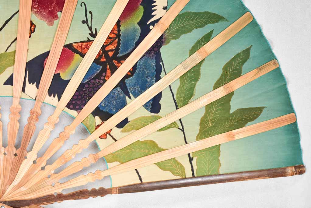 Very large decorative fabric fan from the 1940s with butterflies and flowers 58¼" x 33"