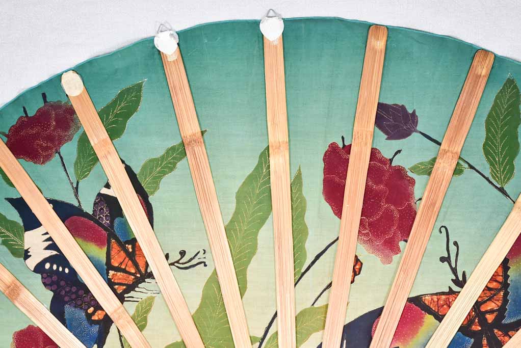 Very large decorative fabric fan from the 1940s with butterflies and flowers 58¼" x 33"