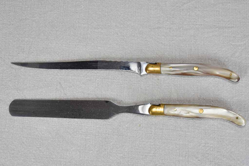 1970's Laguiole foie gras knife set by Claude Dozorme with nacrine handles