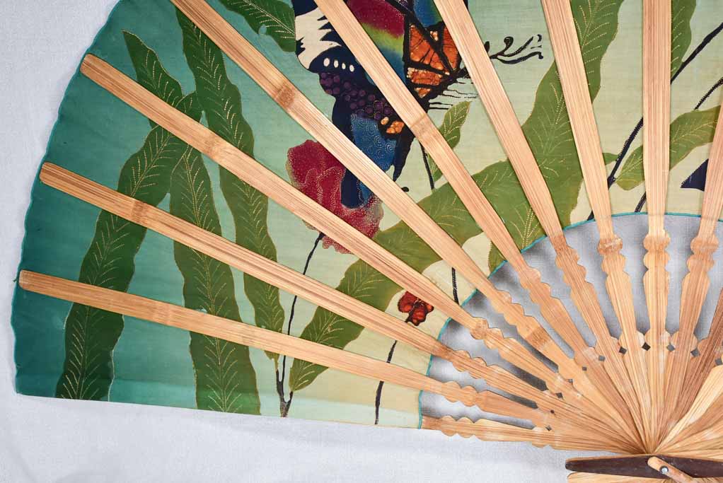 Very large decorative fabric fan from the 1940s with butterflies and flowers 58¼" x 33"