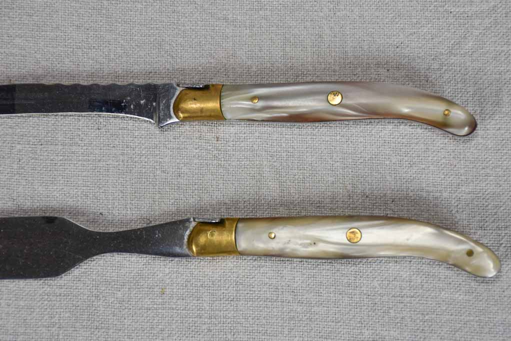 1970's Laguiole foie gras knife set by Claude Dozorme with nacrine handles