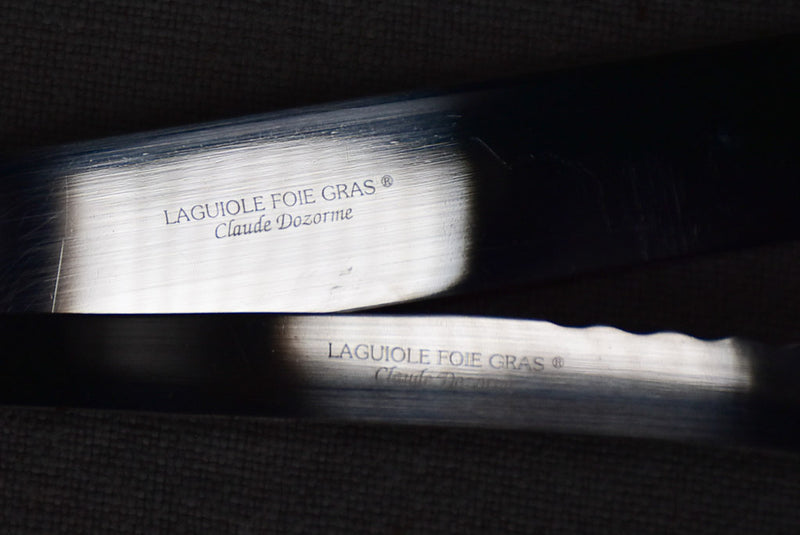 1970's Laguiole foie gras knife set by Claude Dozorme with nacrine handles