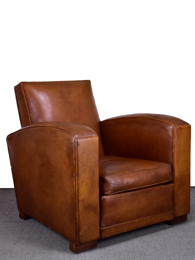 1950's French leather club chair with square back