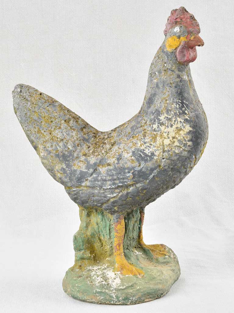 Vintage French garden sculpture of a chicken with dark blue patina 15¾"