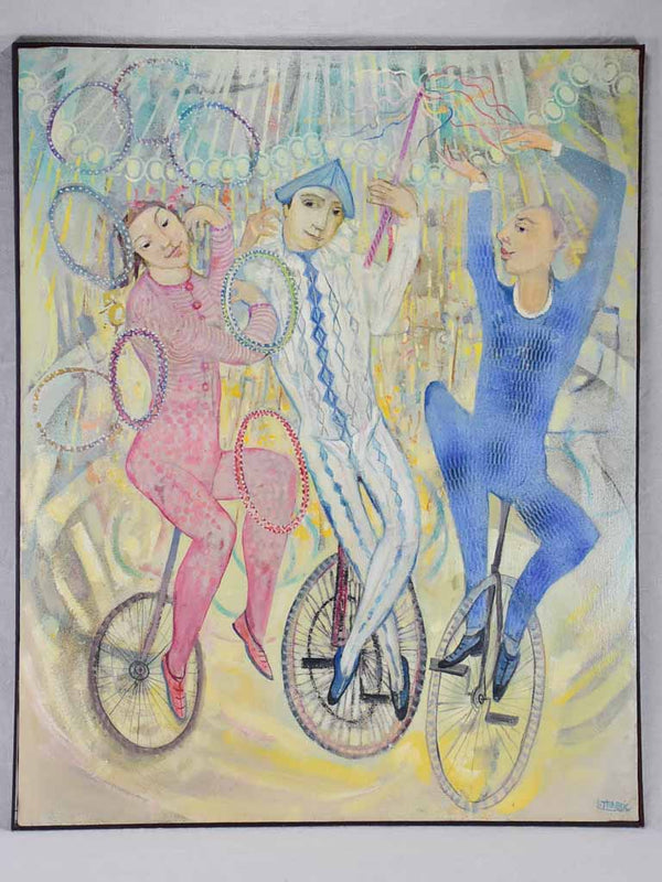 Painting of three circus performers on unicycles Luis Trabuc (1928-2008) oil on canvas 32¼"x 39¾"