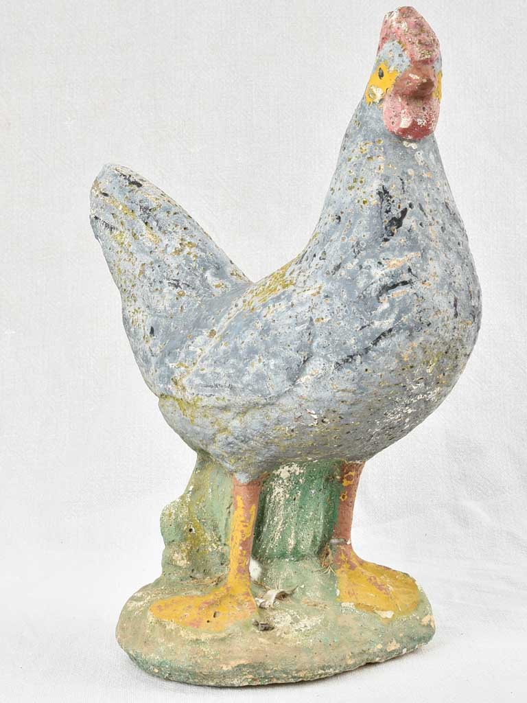 Vintage French garden sculpture of a chicken with blue patina 15¼"