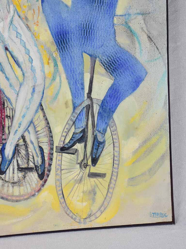Painting of three circus performers on unicycles Luis Trabuc (1928-2008) oil on canvas 32¼"x 39¾"