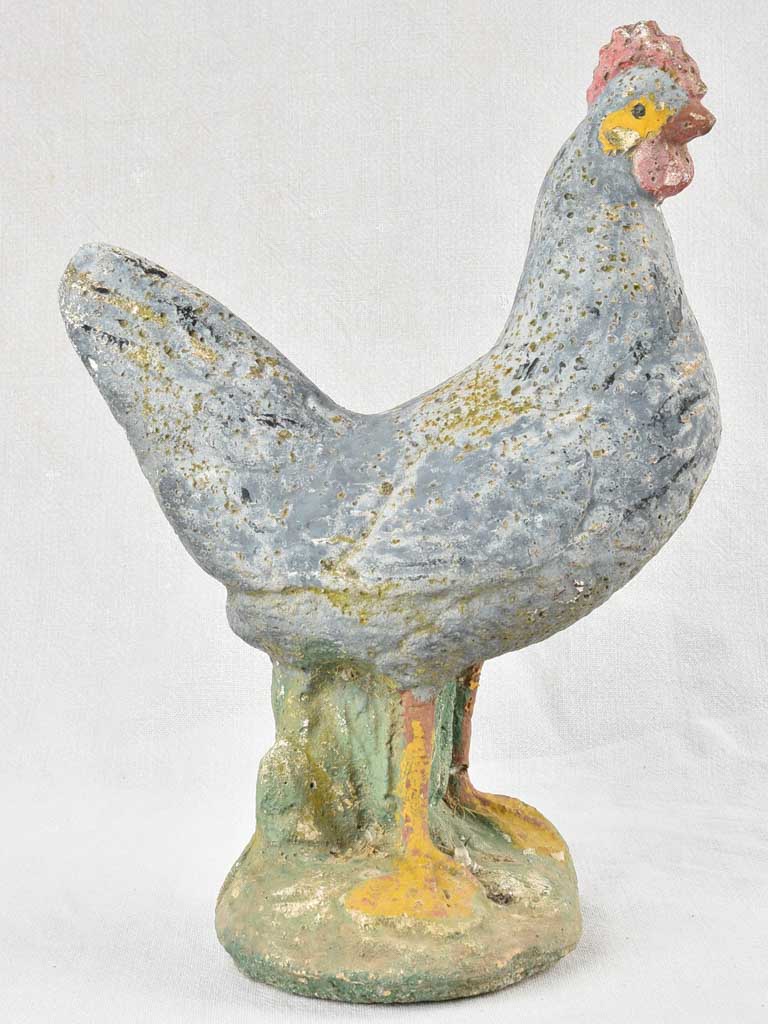 Vintage French garden sculpture of a chicken with blue patina 15¼"