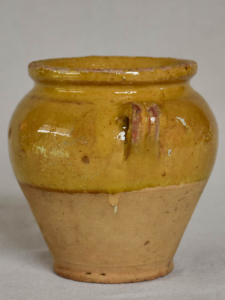 Very small vintage French confit pot with yellow glaze 5"