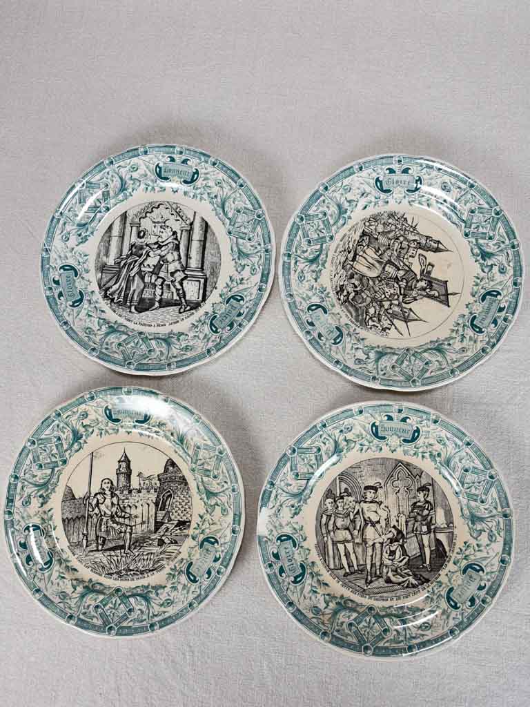 Set of four Sarreguemines themed story plates from the nineteenth-century - green 7½"