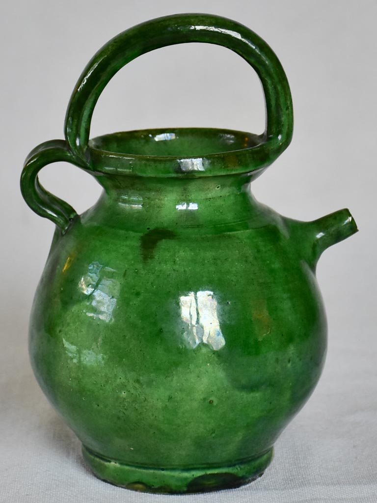 Miniature French cruche water pitcher with green glaze