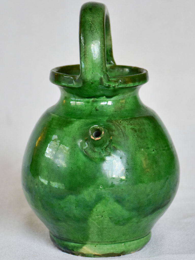 Miniature French cruche water pitcher with green glaze