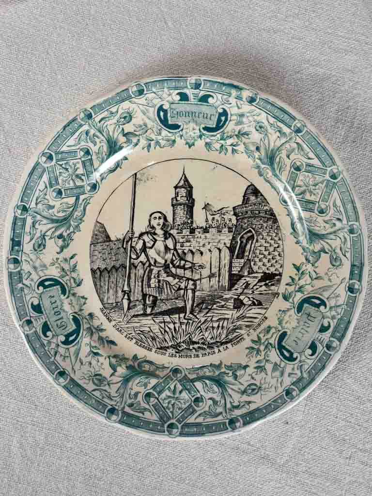 Set of four Sarreguemines themed story plates from the nineteenth-century - green 7½"