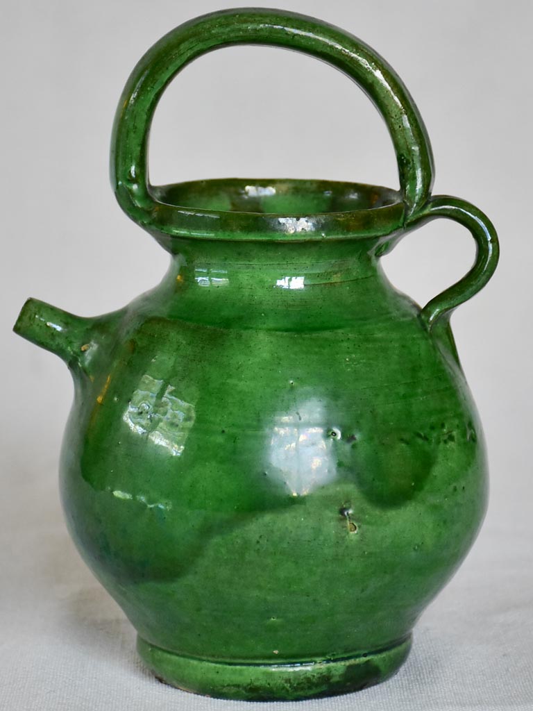 Miniature French cruche water pitcher with green glaze
