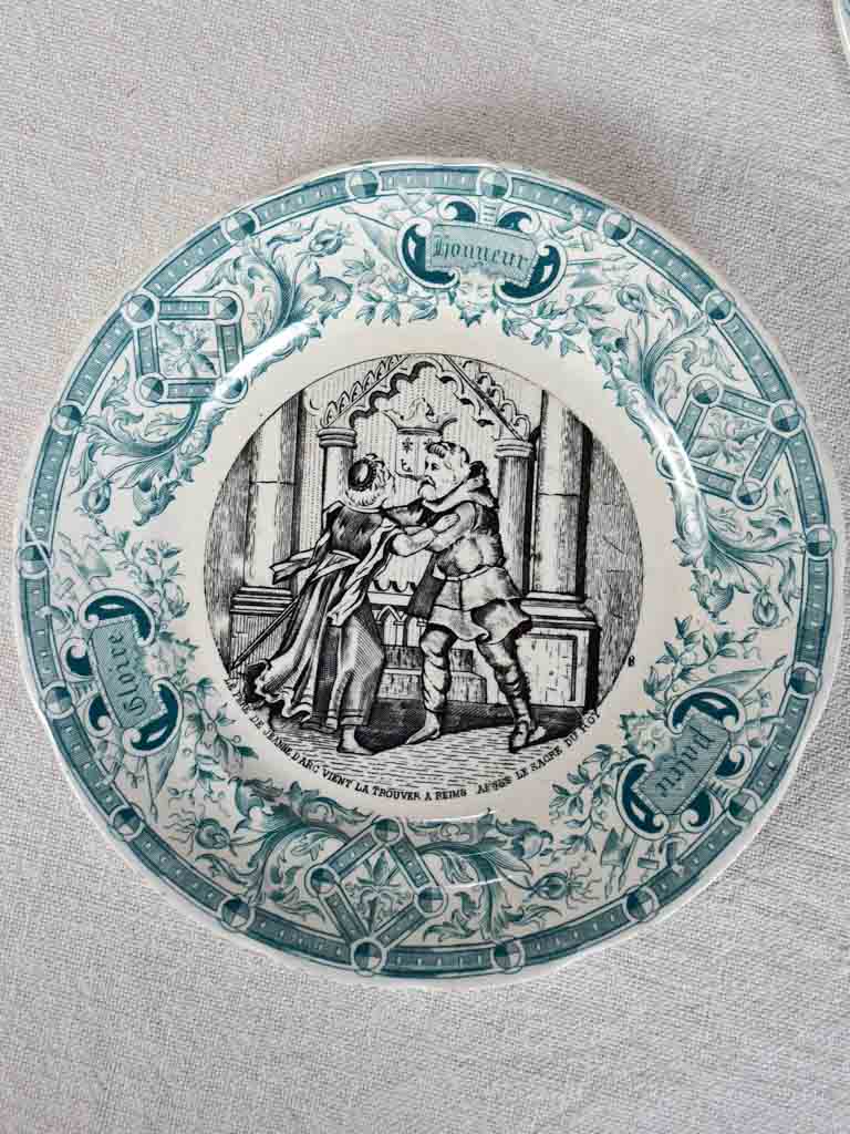 Set of four Sarreguemines themed story plates from the nineteenth-century - green 7½"