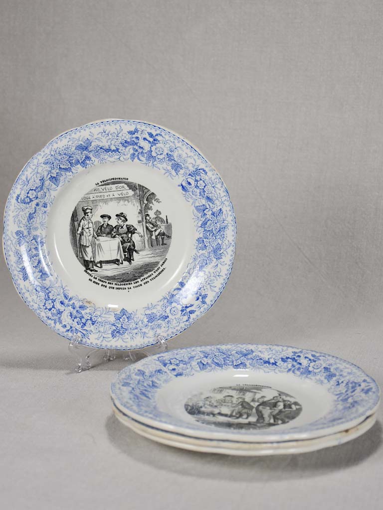 Set of four Velocipedomaine themed story plates from the nineteenth-century - blue 8"