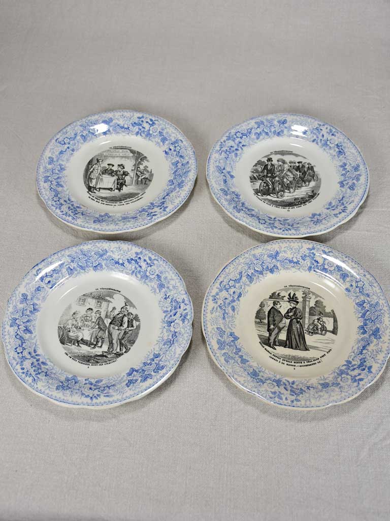Set of four Velocipedomaine themed story plates from the nineteenth-century - blue 8"