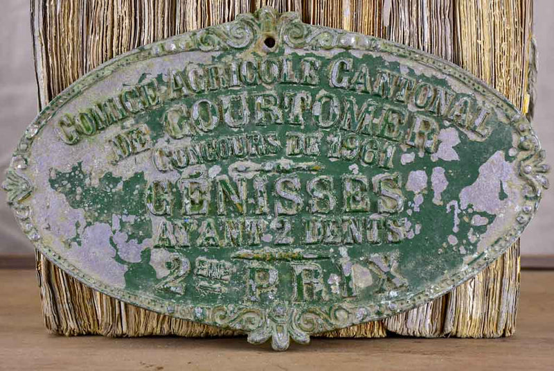 Vintage French agricultural prize plaque for heifers