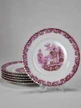Set of six side plates - purple pink transfer ware with gold edge 7½"