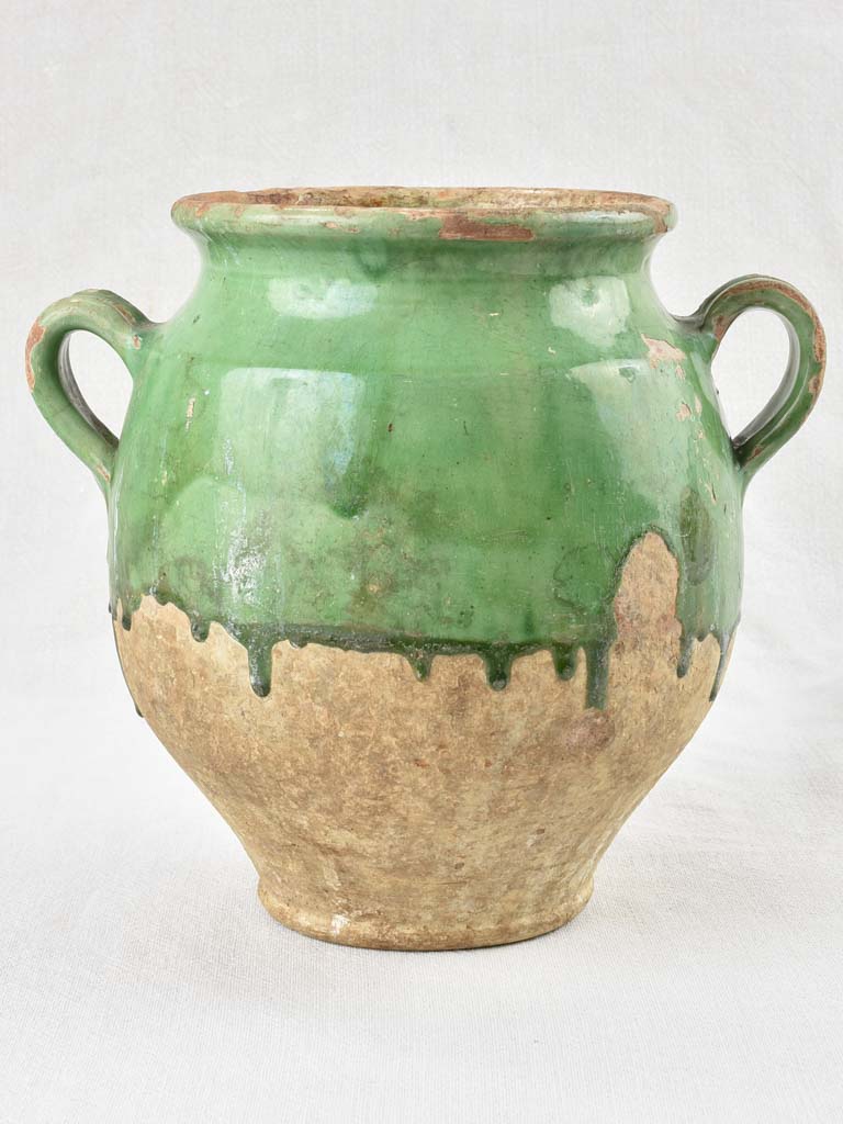 Antique French confit pot with green glaze 9¾"