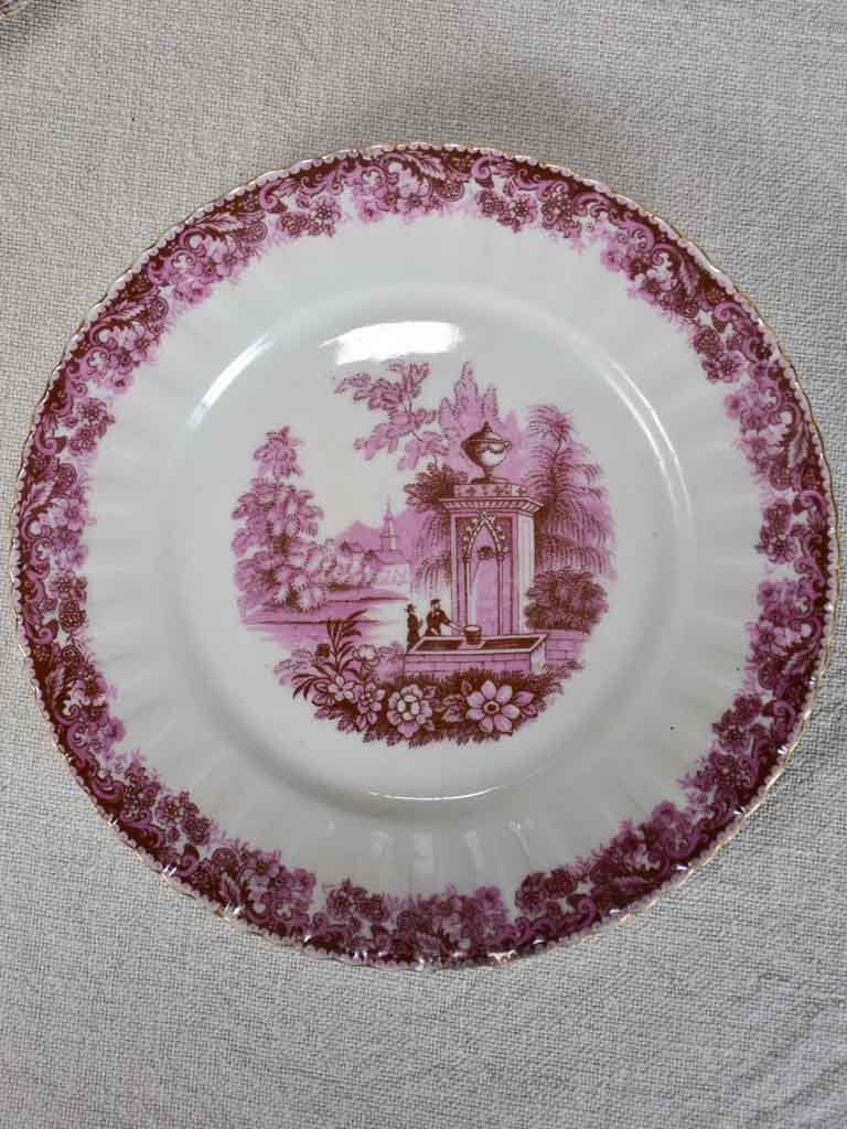 Set of six side plates - purple pink transfer ware with gold edge 7½"