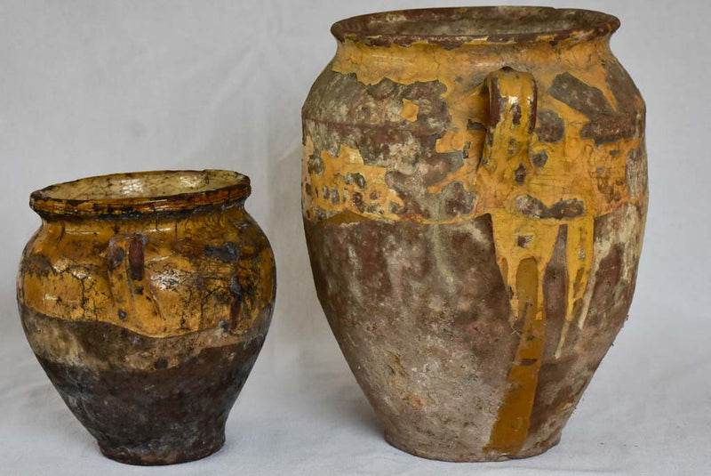 Two rustic French confit pots with yellow glaze 8¼" & 13"