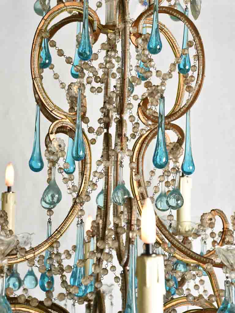 Mid century Murano chandelier with blue water drop pendants 51¼" x 31½"