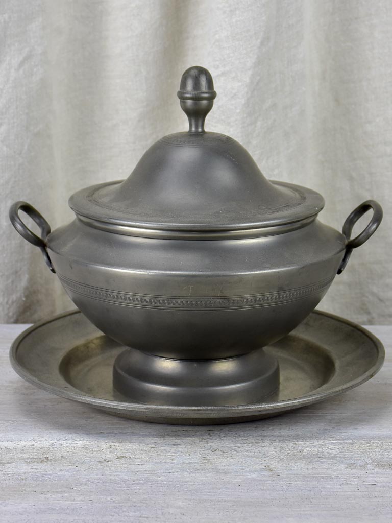 Mid century pewter soup tureen and plate Chez Pluie