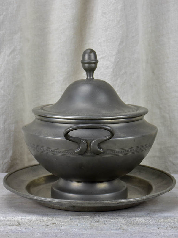 Mid century pewter soup tureen and plate