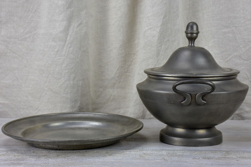 Mid century pewter soup tureen and plate Chez Pluie