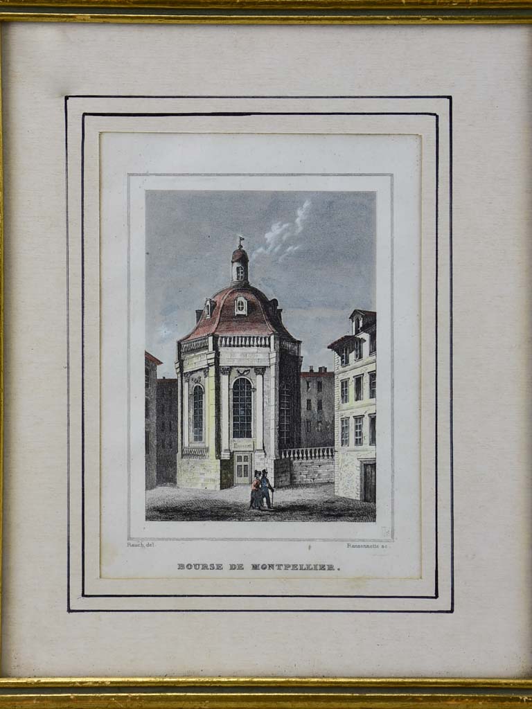 Antique French framed engraving - Bourse de Montpellier 8¾" x 7"