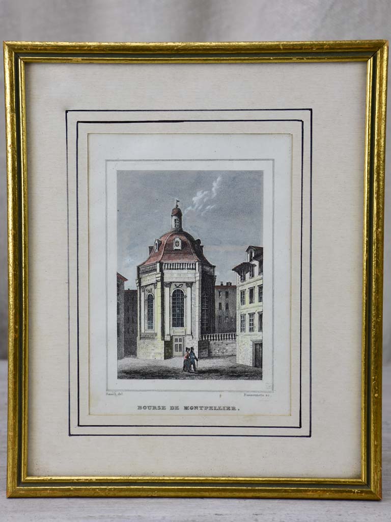 Antique French framed engraving - Bourse de Montpellier 8¾" x 7"
