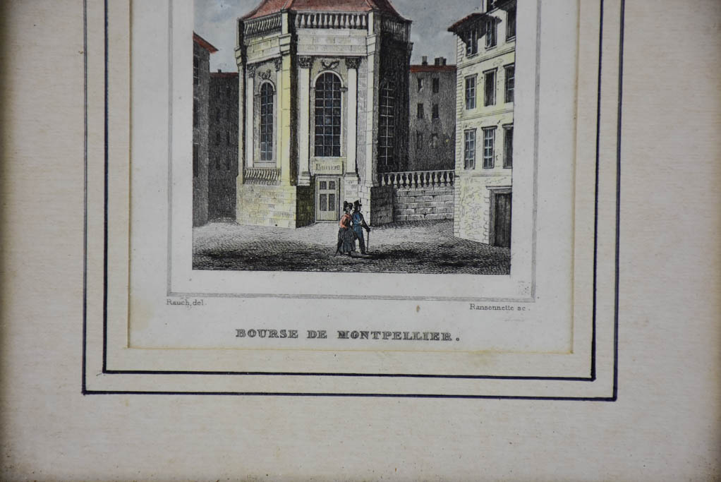 Antique French framed engraving - Bourse de Montpellier 8¾" x 7"