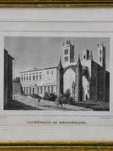 Antique French framed engraving - Cathedral de Montpellier 5½" x 7"