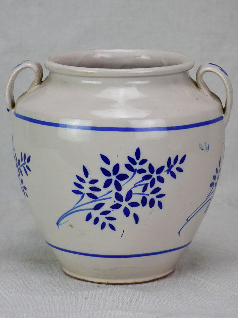 Antique French confit pot - white with blue flowers