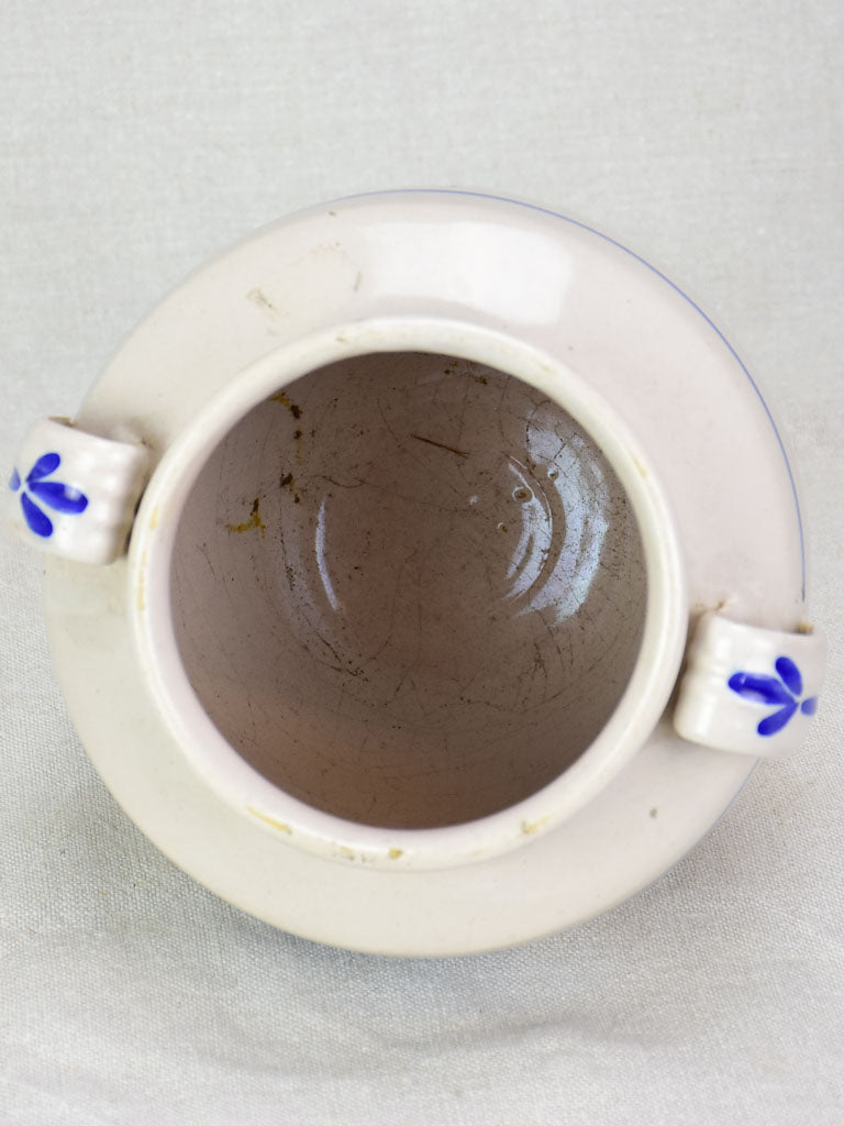 Antique French confit pot - white with blue flowers