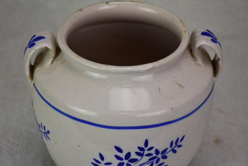Antique French confit pot - white with blue flowers