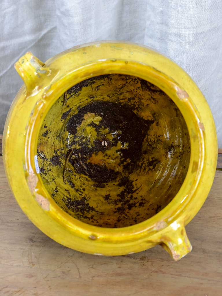 Antique French confit pot with yellow glaze 10 ¾"