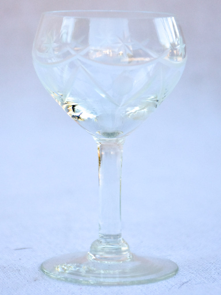 Set of antique French crystal wine and digestif glasses with pretty en