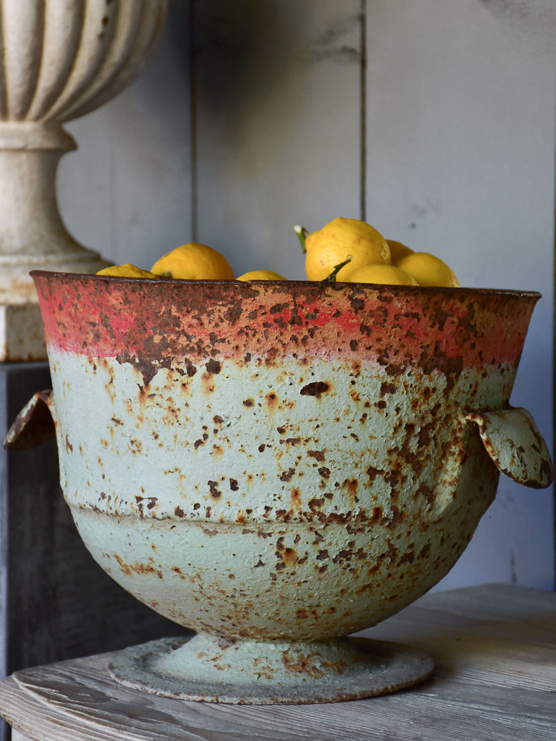 Rustic French planter with aqua and red patina