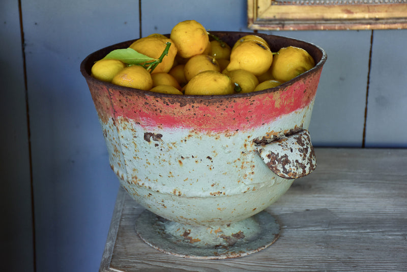 Rustic French planter with aqua and red patina
