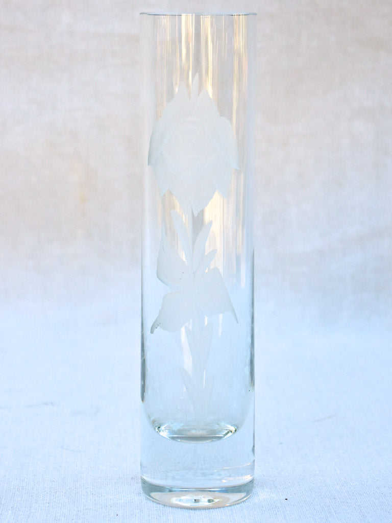 Mid-century crystal vase with engraved flower 8¼"