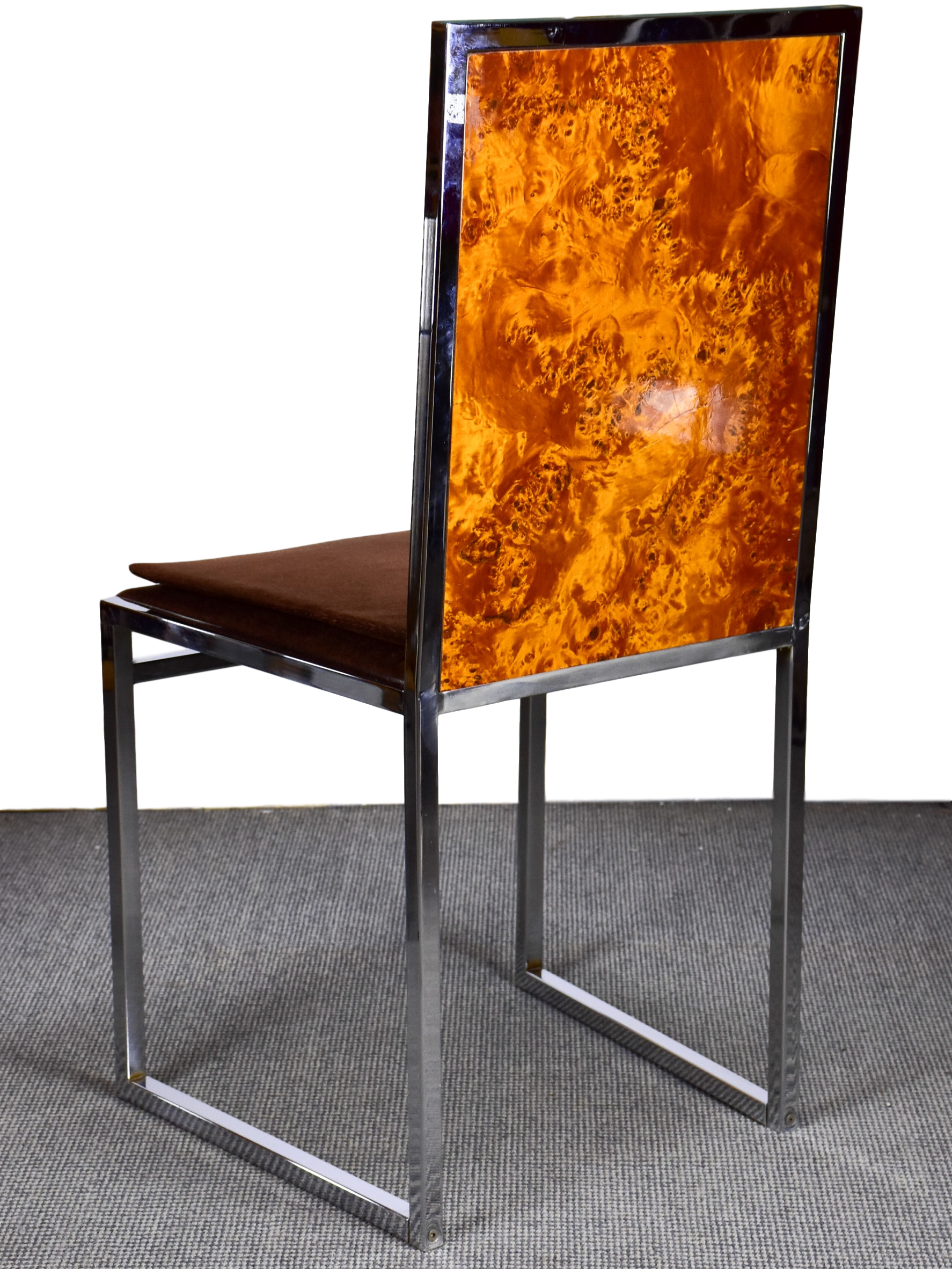 Four vintage burlwood and chrome dining chairs