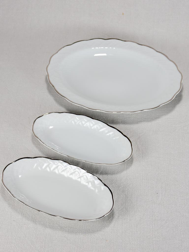 Mid century Limoges dinnerware set - white lattice pattern with silver edge