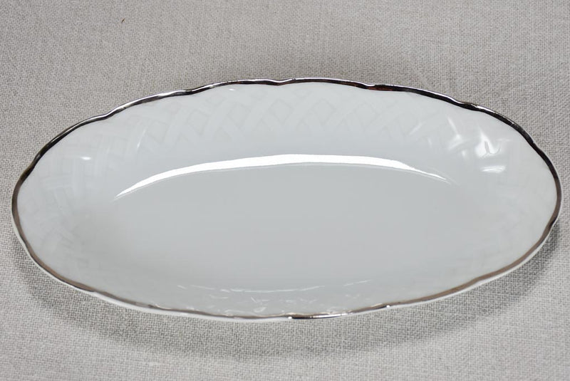 Mid century Limoges dinnerware set - white lattice pattern with silver edge
