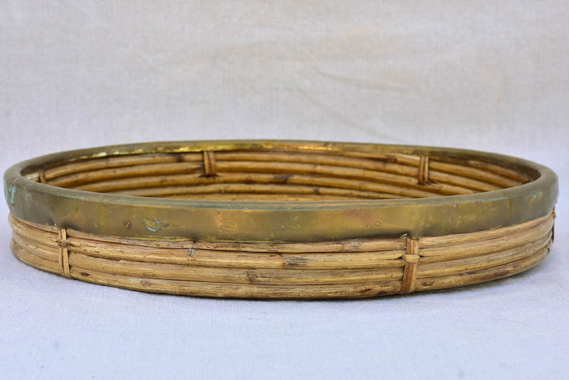 Vintage bamboo and brass round tray 15"