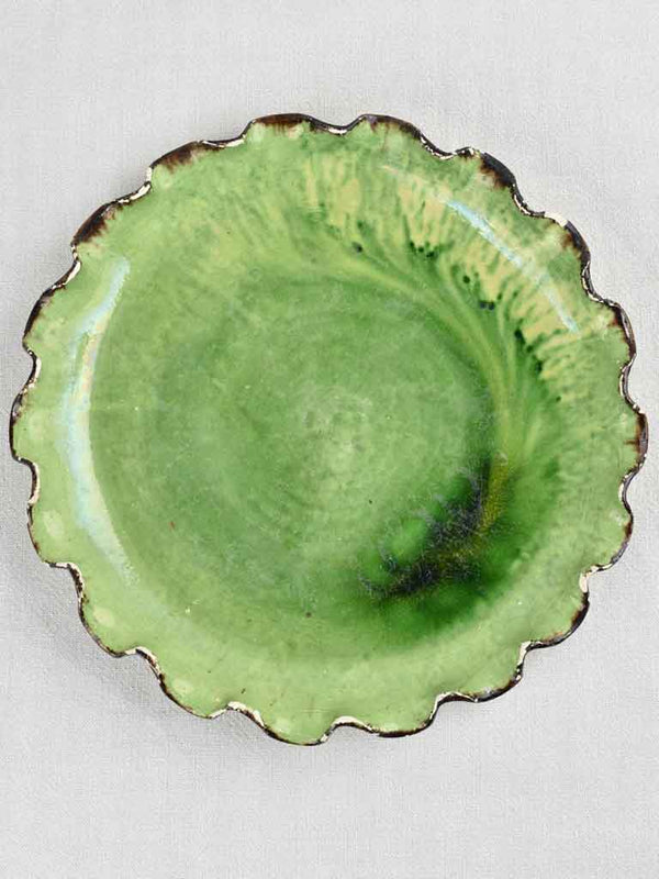Vintage Dieulefit cake platter w/ green glaze & rippled edge 14¼"