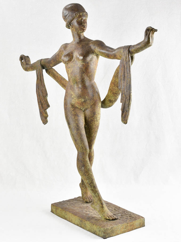 Large vintage bronze sculpture of a lady with a scarf 36½"