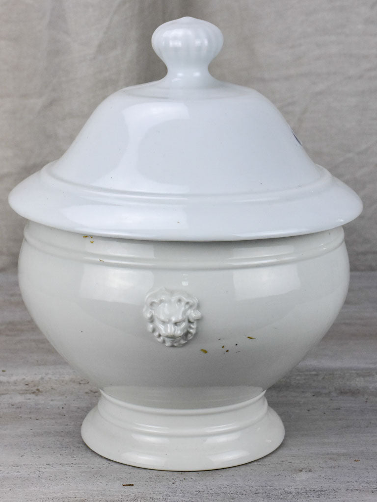 Antique French soup tureen with lion's heads - white